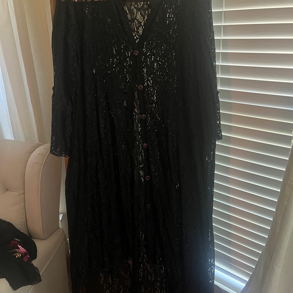 Black Lace Button-Front Long Cardigan
